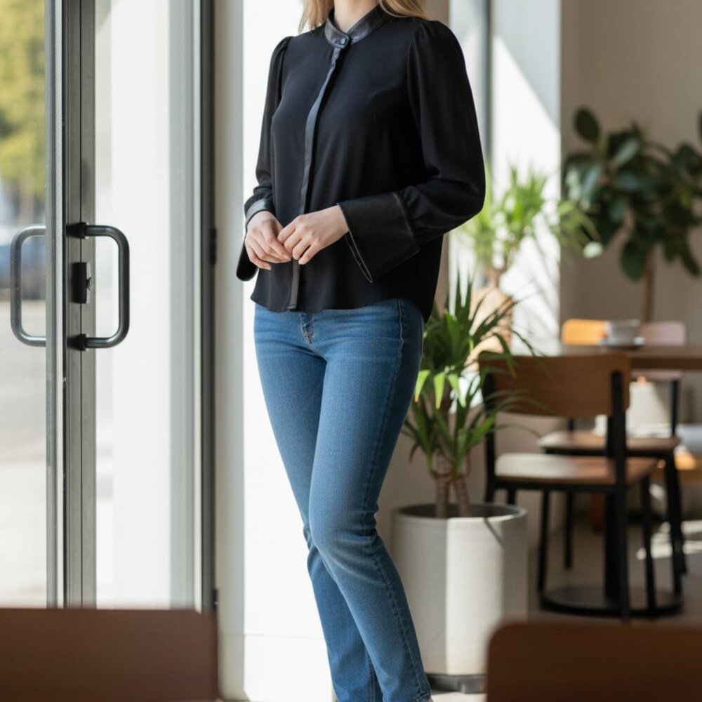 Gracia Black Button-Up Top With Faux Leather Details & Flared Sleeves - Size S
